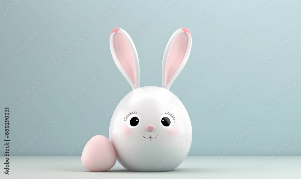 Obraz premium 3d illustration of a cute Easter bunny for children. A minimalist primitive naive figurine of a spherical shape with pink ears. 3D toy bunny banner, background. Cartoon character 3d rabbit.