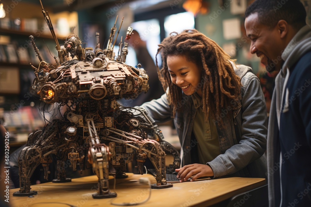 A man teacher and a young girl student looking and discuss at a model of a robot.