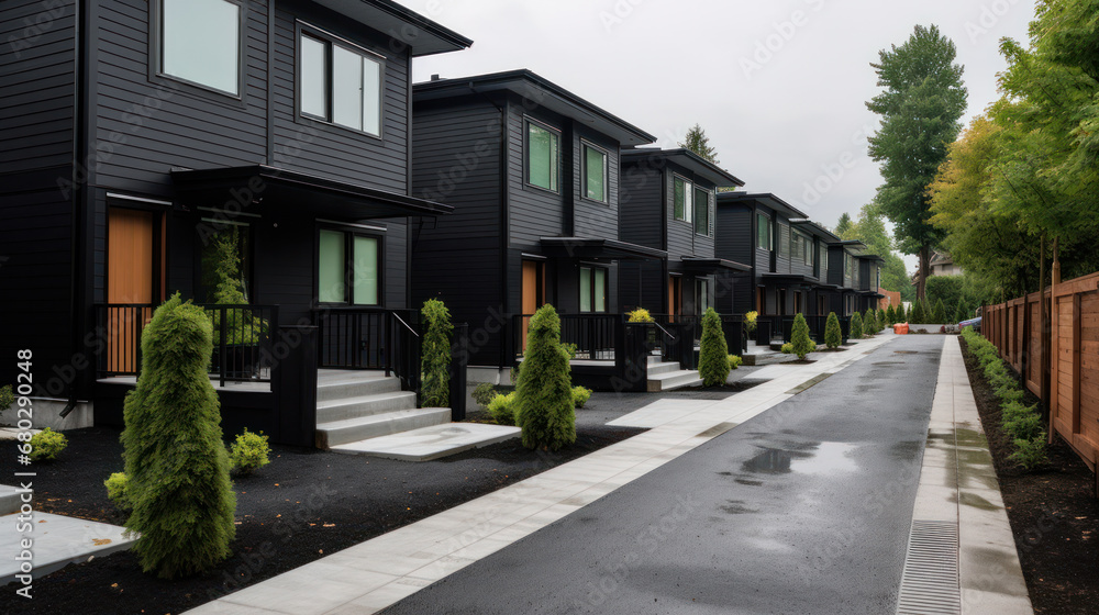 Luxury new private house. Scandinavian style. Grey and wooden exterior. Contemporary black metal cladding facade