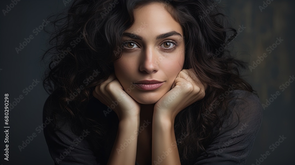 Captivating gaze: An introspective woman with striking blue eyes and effortless beauty. Captivating gaze: An introspective woman with striking blue eyes and effortless beauty.