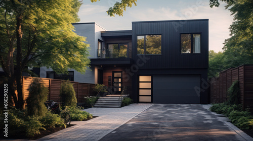 Luxury new private house. Scandinavian style. Grey and wooden exterior. Contemporary black metal cladding facade photo