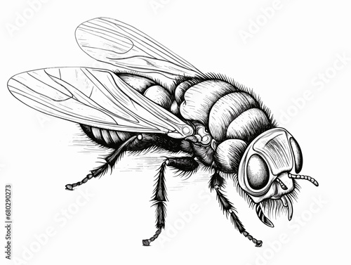 A Drawing Of A Fly - Close-up uf a fly isolated on white.