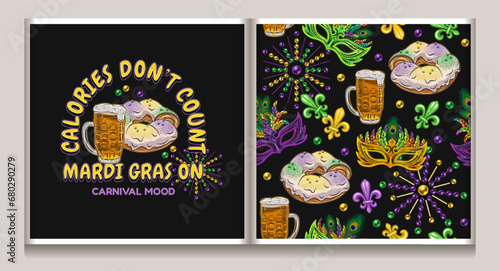 Set of Mardi Gras pattern, label with king cake, full glass of beer, beads, masks, trinket, Fleur de Lis sign. Festive holiday design. Vintage illustration for prints, clothing, surface design. Not AI