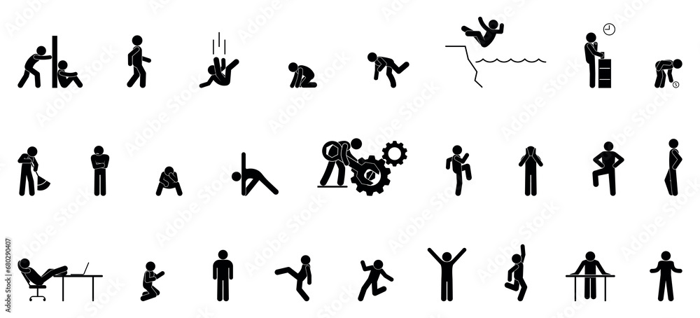 man icon, stick figure people standing, walking, set of human silhouettes