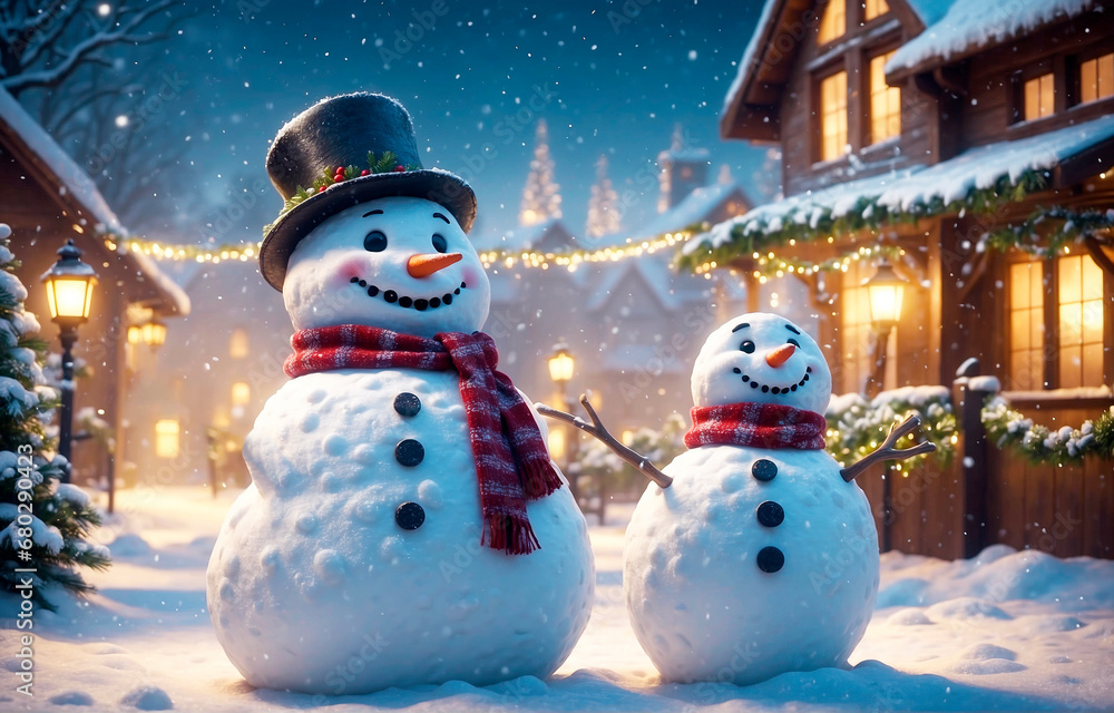 Fototapeta premium Cheerful snowmen on a snowy street