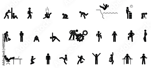 man icon, stick figure people standing, walking, set of human silhouettes