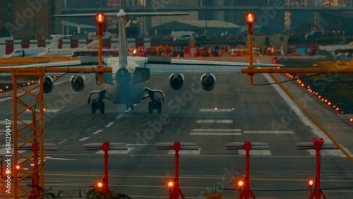 London City Airport - A close-up shot showing the landing of a short-haul airliner with four turbofan engines. It opened in 1987 and serves the financial twin centers of the City and Canary Wharf photo