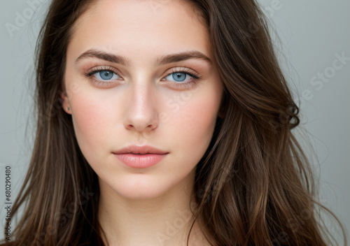 Wallpaper Mural Close-up portrait of a brunette woman in a grey background Torontodigital.ca