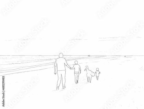 A Person And Two Children Walking On A Beach - Family on vacation walking on a beach