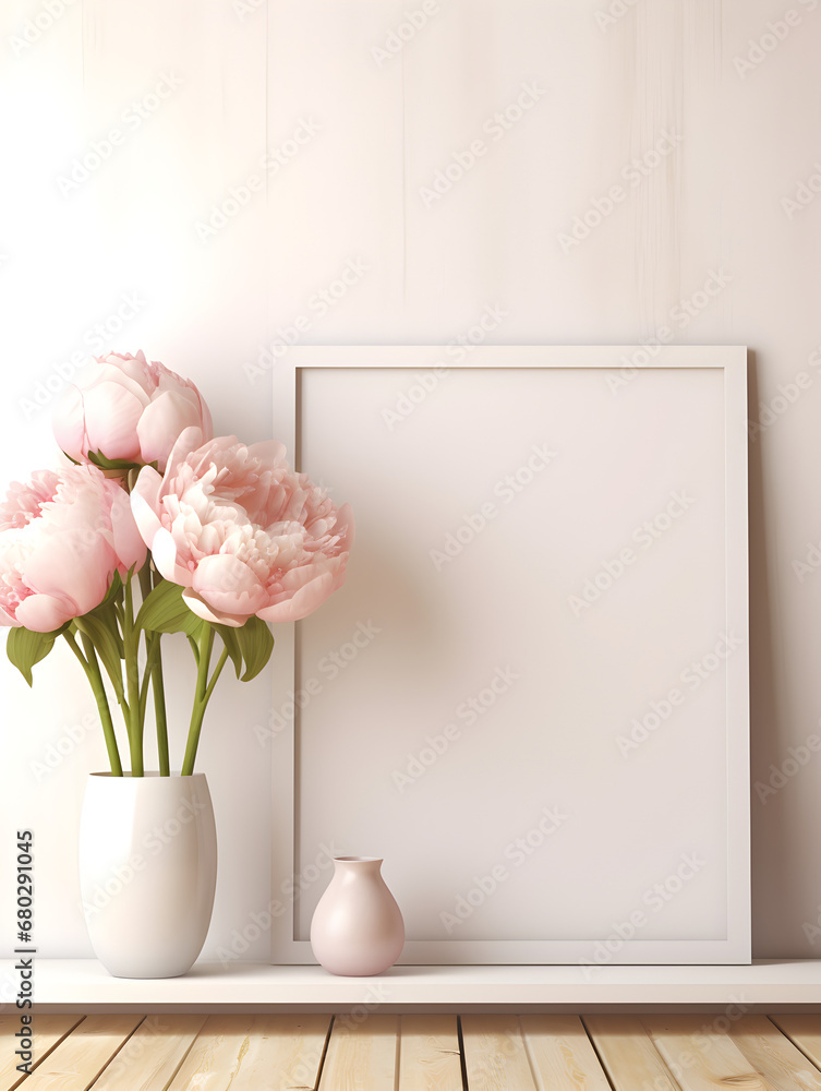 Mock up empty frames on a shelf background with pink peonies in vase Mock up empty frames on a shelf background with pink peonies in vase