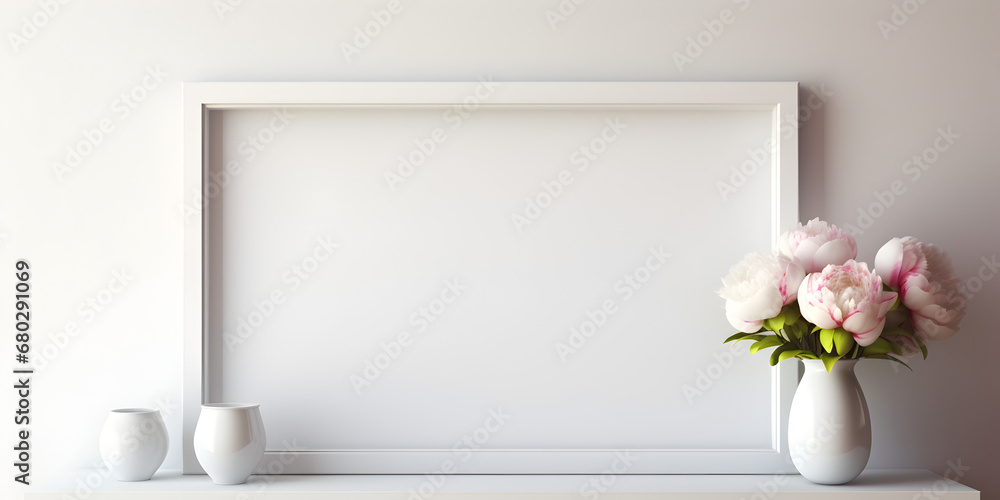 Mock up empty frames on a shelf background with white peonies in vase Mock up empty frames on a shelf background with white peonies in vase