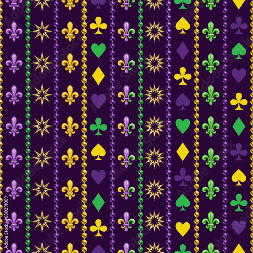 Mardi Gras seamless pattern with holiday symbols, strings of beads. Geometric pattern with vertical stripes on black background. Vintage illustration for prints, clothing, surface design. Not AI