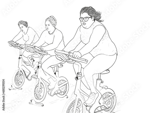 A Line Drawing Of Women On Bicycles - Group of women cycling in gym