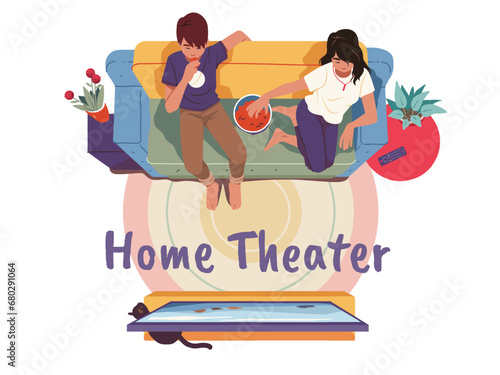 Man woman couple watching TV film sitting on sofa