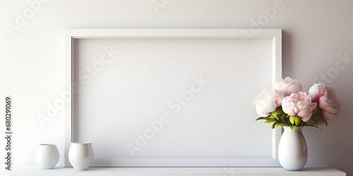 Mock up empty frames on a shelf background with white peonies in vase