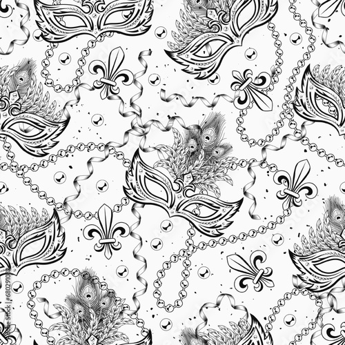 Seamless monochrome pattern with fleur de lis, strings of beads, party streamer, masks. Mardi gras carnival design. Vintage illustration on white textured background.
