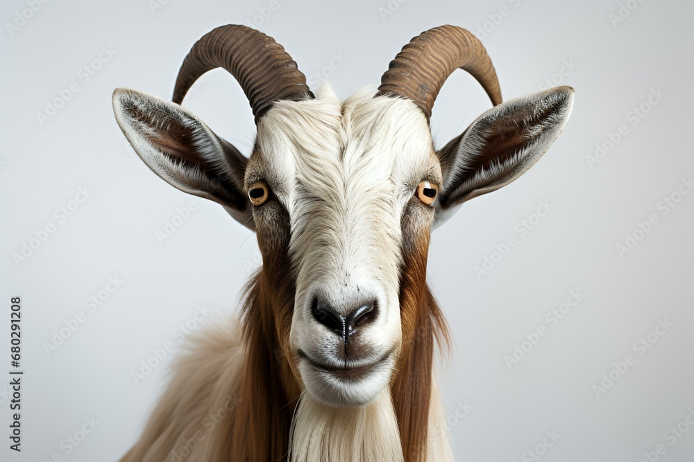 Close-up portrait of a white goat with horns Close-up portrait of a white goat with horns