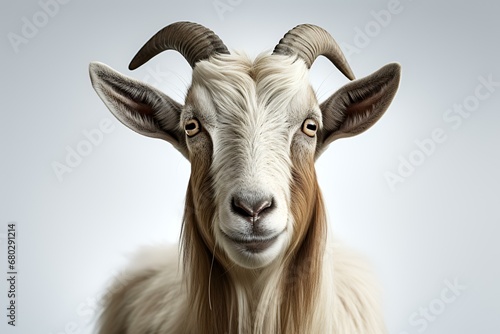 Close-up portrait of a white goat with horns