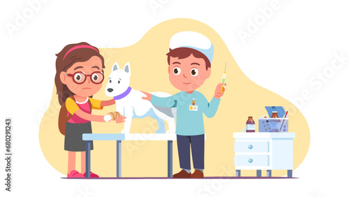 Veterinarian giving medical injection to ill dog