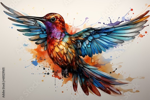 Hummingbird drawn with multicolored watercolor #680291611
