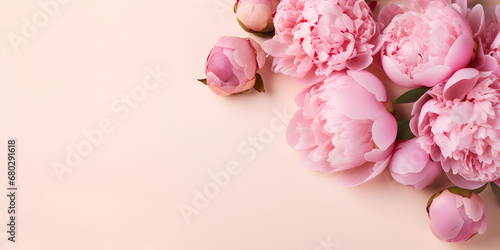 Fototapeta Naklejka Na Ścianę i Meble -  Pink peonies on pink background with copy space for text