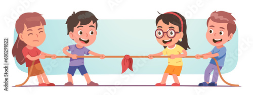 Kids playing tug of war game. Happy girls, boys friends teams pulling rope competition. Children leisure entertainment, fun, teamwork, sports activity. Flat vector kid character illustration photo