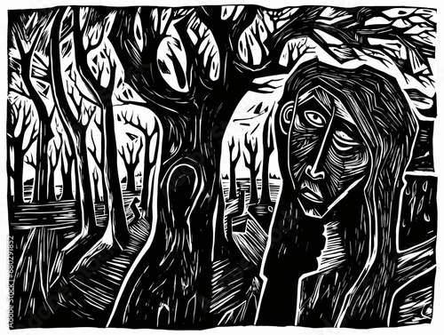 A Woodcut Of A Woman And A Tree - Jude expressionist woodcut.
