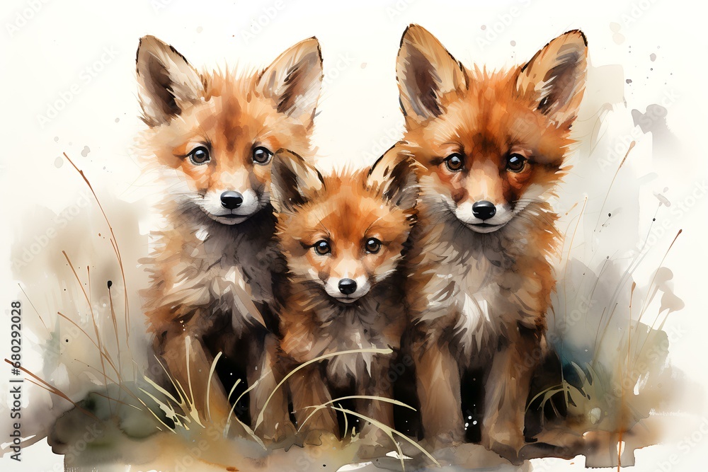 Fototapeta premium Watercolor Illustration of Three Foxes Isolated on White Background