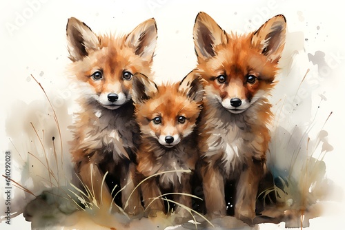 Watercolor Illustration of Three Foxes Isolated on White Background © Devian Art