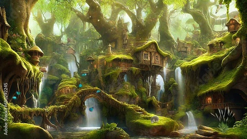 Magical fantasy pixies village hideaway in the middle of the forest