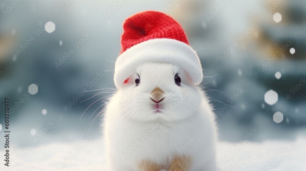 cute white rabbit with a red christmas hat, ears visable, copy space, 16:9