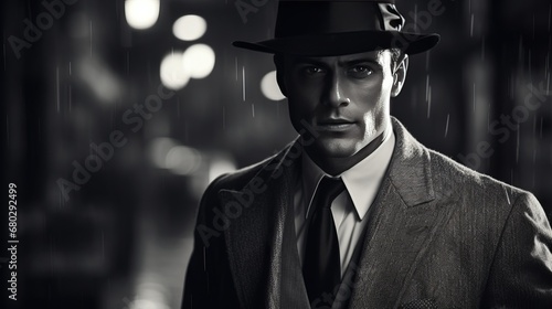 stylish male portrait, classic film noir style, mysterious atmosphere, copy space, 16:9 photo
