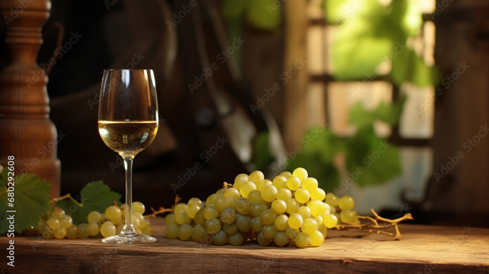  A Photorealistic Ode to White Wine and Vineyard Bliss. AI generative.