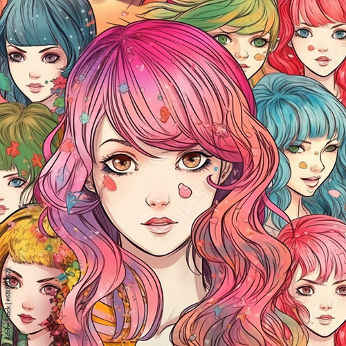 Girl with long, colorful hair. AI Generated