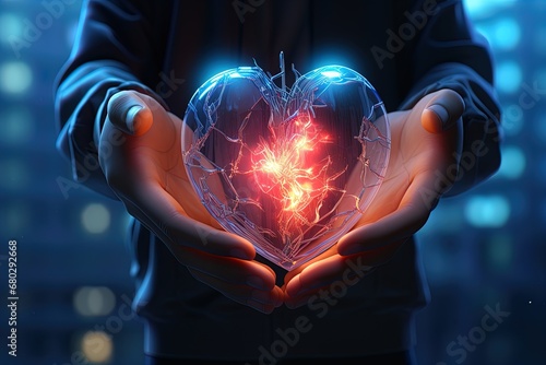 Lifeline in palms: A photorealistic human heart cradled in hands, glowing with vitality. photo