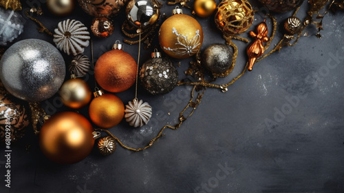 Christmas background with decorations on dark blue background. View with copy space. Christmas or New Year background.