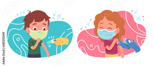 Patients kids in masks get vaccine injection shot