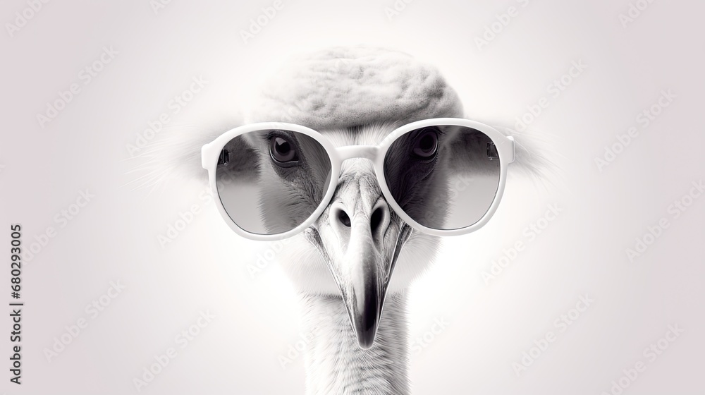 Fototapeta premium Crane with glasses. A close-up portrait of a crane. An anthopomorphic creature. A fictional character for advertising and marketing. Humorous character for graphic design.