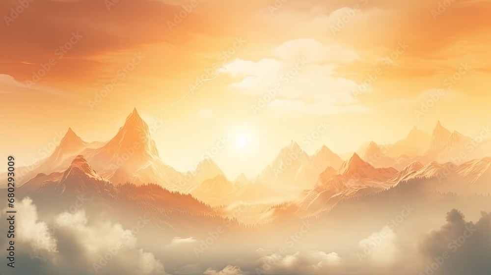 Panoramic view of the mountain range with peaks in the sunset light. Misty and cloudy. Illustration for cover, card, postcard, interior design, banner, poster, brochure or presentation.