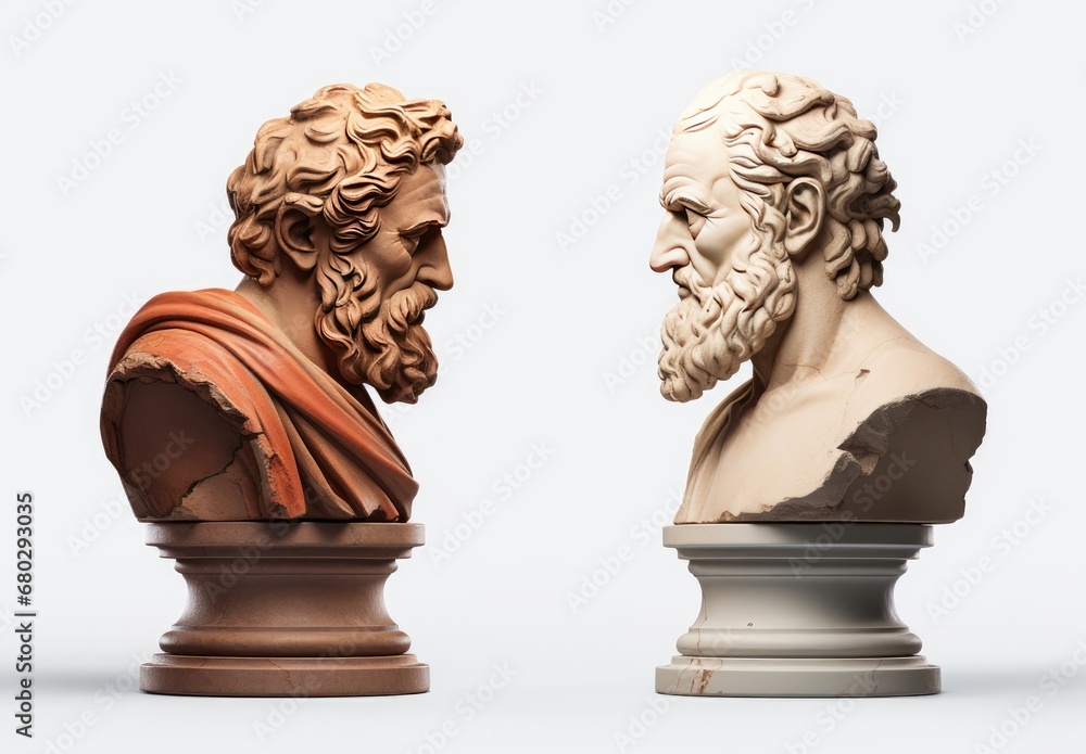Sculptures of two men standing face to face and as if finding out the relationship. Conflict. Psychology of relationships. The concept of confrontation and dispute. Illustration for varied design.