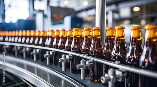 Automatic line for packing juice, soda, cider or beer into glass or plastic containers. Bottling plant. Bottles on a factory conveyor. Illustration for cover, card, poster, brochure or presentation.