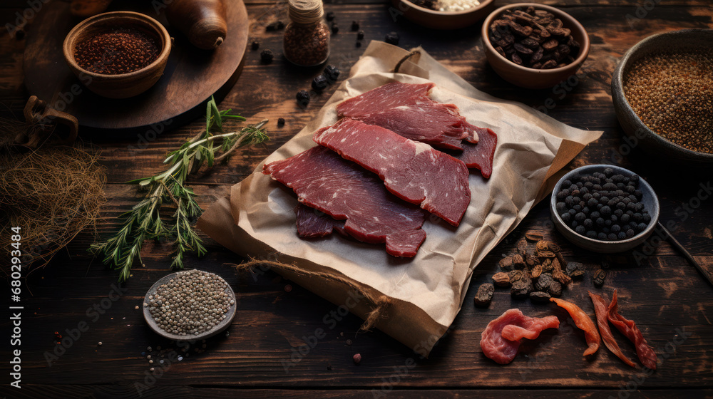 beef jerky with herbs and spices - dried beef on wooden plate, raw dried meat for cooking, dry meat beef in Thailand food beef jerky with herbs and spices - dried beef on wooden plate, raw dried meat for cooking, dry meat beef in Thailand food