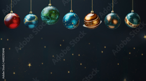 Christmas creative ball like planets solar sistem on dark black background. Greeting card with copy space. Xmas magic holiday. photo