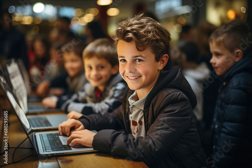 Young students sitting at a table with a laptops. Learning coding and programming.