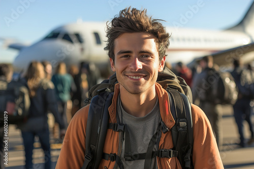 A man standing in front of an airplane on a runway. photo