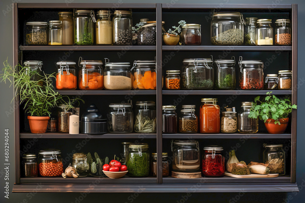 Kitchen shelves topped with lots of bottles and jars with canned food. Vegetables in jars. - obrazy, fototapety, plakaty 