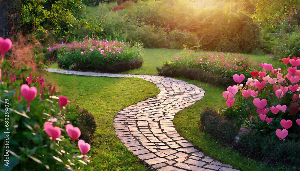 stone pathway winding through a lush garden, providing a scenic and romantic route for a Valentine's evening stroll