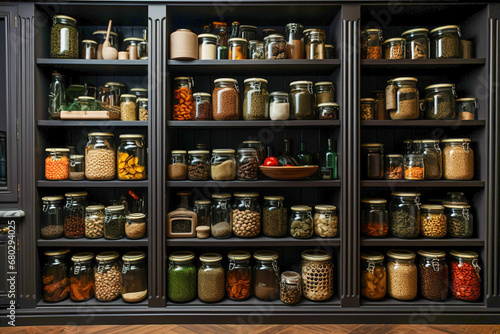 Kitchen shelves topped with lots of bottles and jars with canned food. Vegetables in jars. © Degimages