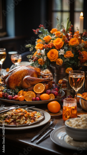 Thanksgiven dinner table with roasted Turkey and vegetables, Side view, AI Generative