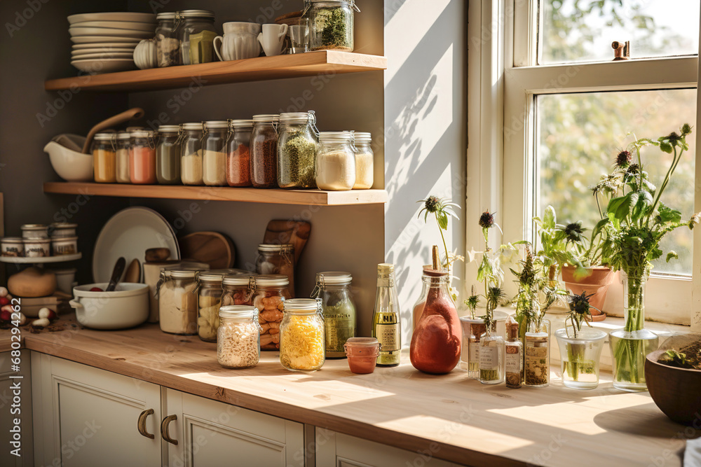 A kitchen white wall with shelves topped with lots of bottles, bowls and jars with spices and products.